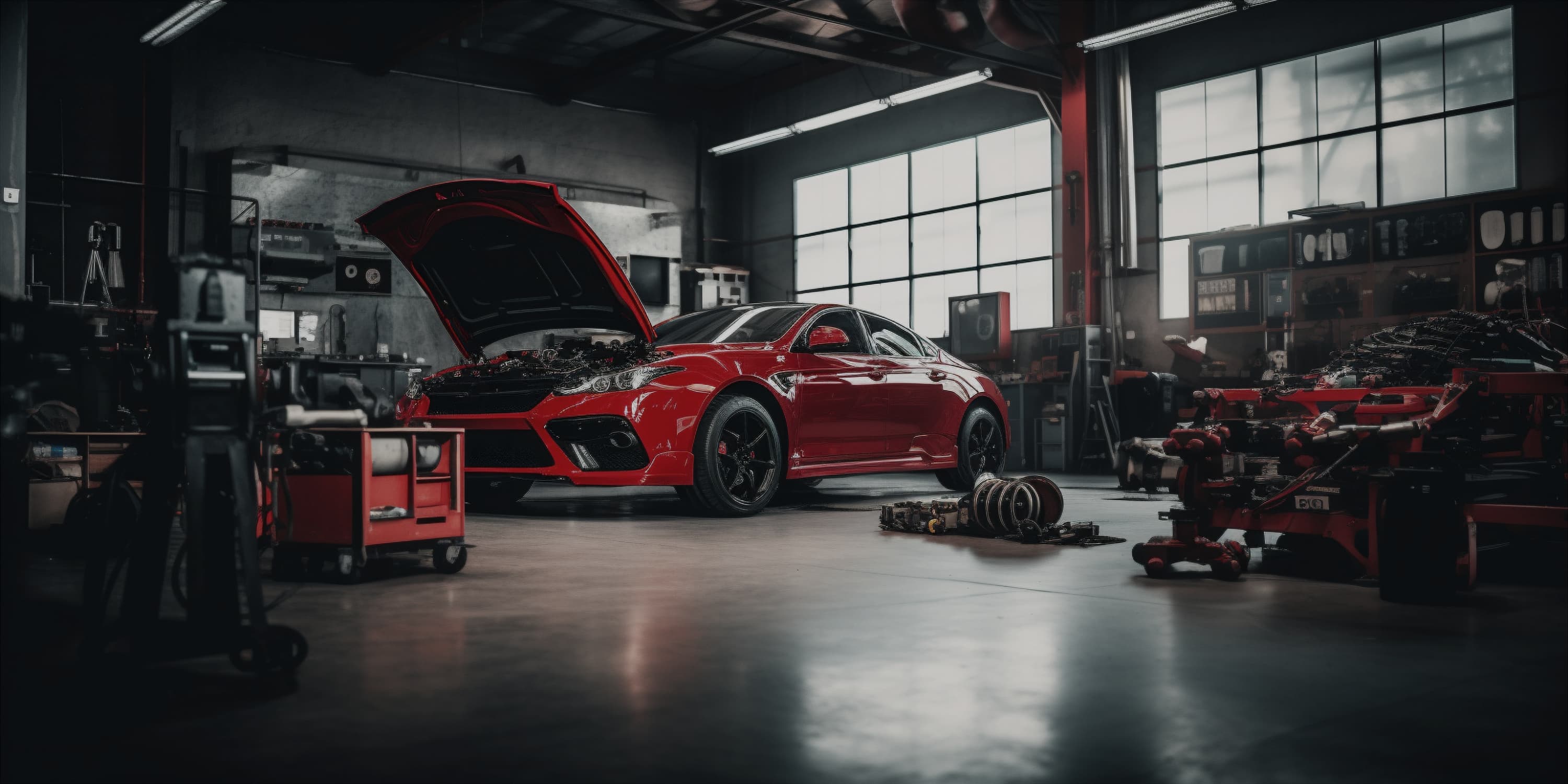 Vehicle being serviced in a Redline shop